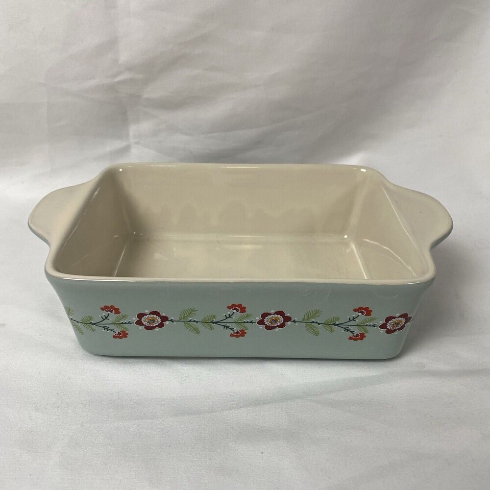 World Market Bakeware Sage Green Floral Ceramic Casserole Dish Small 7" x 4"